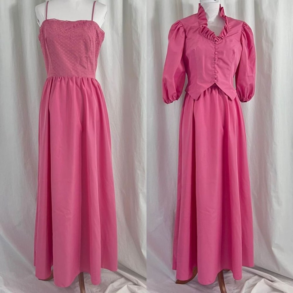 Vintage 70s Pink Taffeta Victorian Style Gown - Size 11/12, S/M